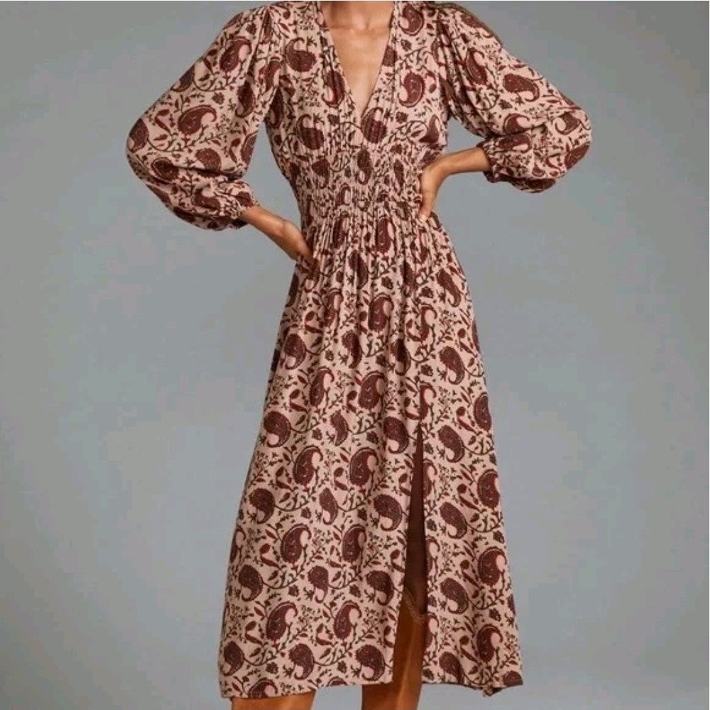 Lusana Anthropologie Smocked Prairie Paisley Boho Midi Dress XS NWT Cottagecore - Picture 1 of 14